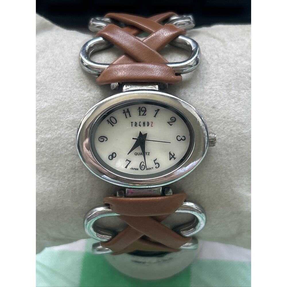 Trendz Silver Tone Brown And Silver Band Women’s Cuff Watch
